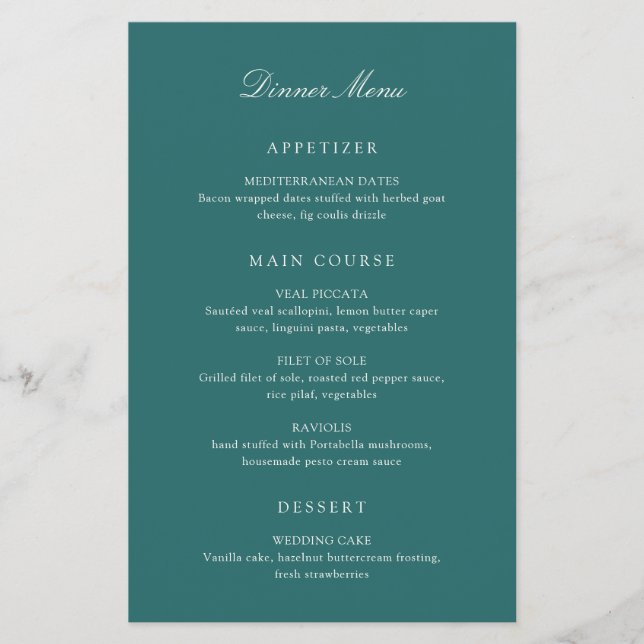 Altes Geld Teal Klassisches Hochzeitsmenü Flyer (Vorne)