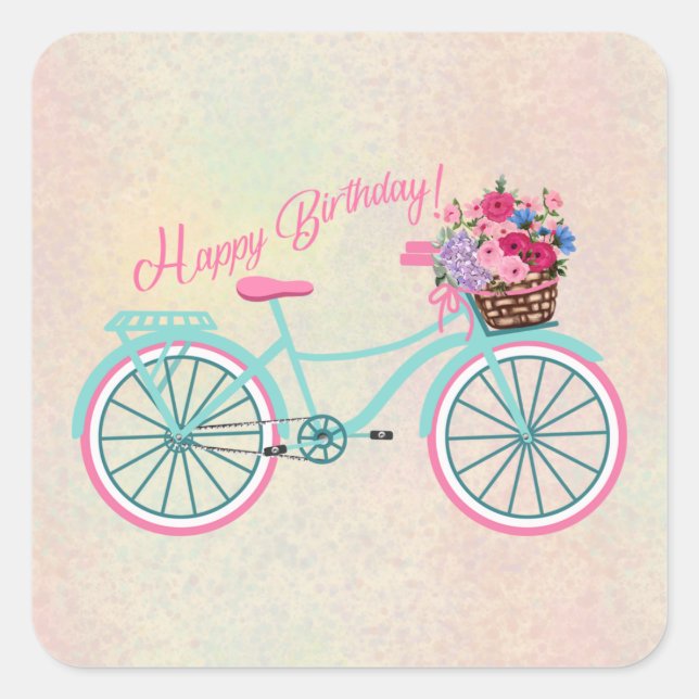Altes gepflegtes Fahrrad mit Blume Happy Birthday Quadratischer Aufkleber (Vorderseite)