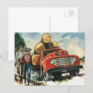Altes Geschäft, Holztransporter mit Holzfällern Postkarte
