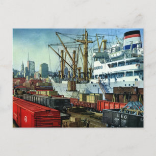 Altes Geschäft mit Frachtschiffen im Hafen Postkarte