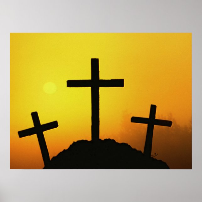 Altes, gewölbtes Holzkreuz auf dem Hügel Calvary b Poster (Vorne)