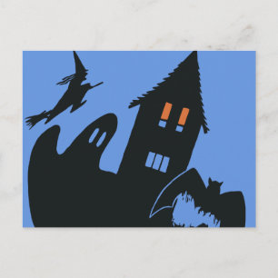 Altes Halloween, gruseliges Spukhaus und Hexe Postkarte