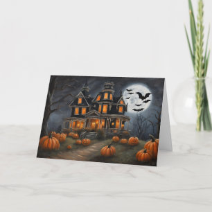 Altes Halloween-Haus und Kürbisse Feiertagskarte