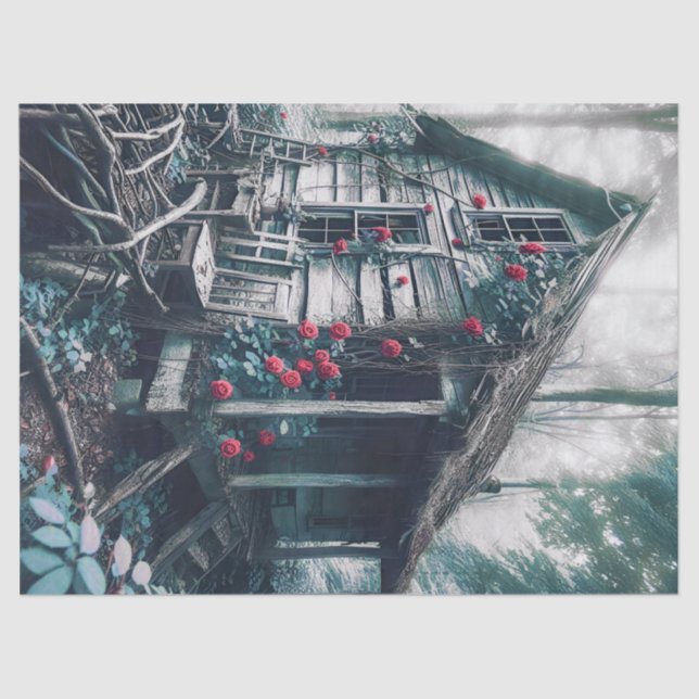 Altes Haus im Wald mit Rose Dekoupage Seidenpapier (Vorderseite)