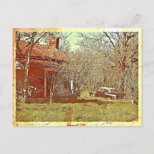 Altes Haus und Auto Postkarte (Vorderseite)