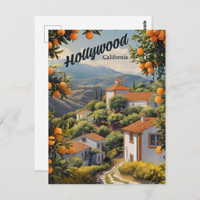 Altes Hollywood Kalifornien: Orange Groves wartet Postkarte (Vorne/Hinten)