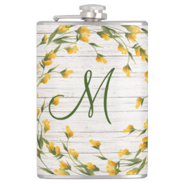 Altes Holzmonogramm mit gelber Blume Blumenkranz Flachmann