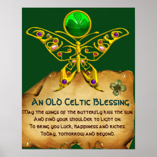 Altes irisches Segen-Pergament mit Goldschmetterli Poster