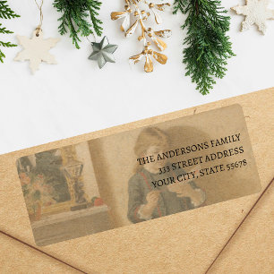 Altes Kind mit Weihnachtsgruß-Etikett