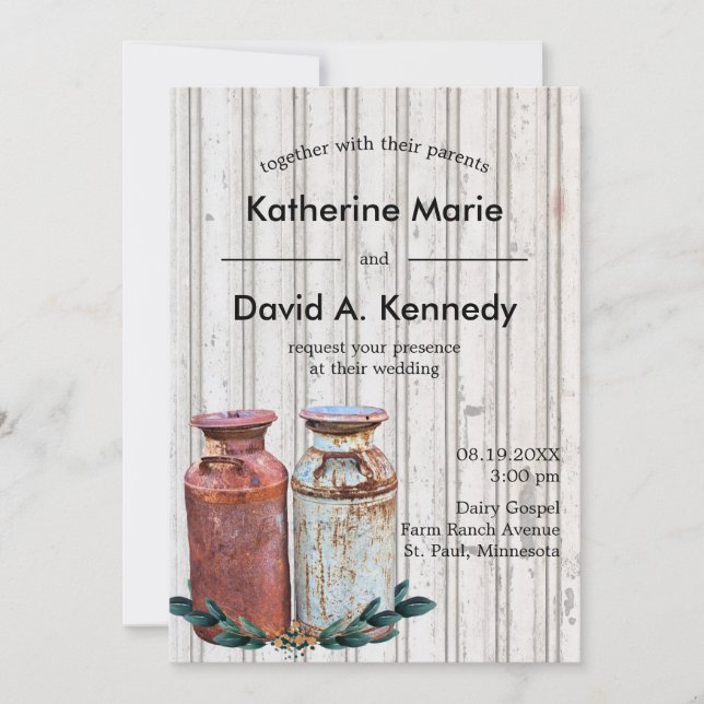 Altes Land Milch Dosen Haushalt Hochzeit rustikale Einladung (Vorderseite)