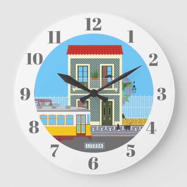 Altes Lissaboner Haus mit Katzen und gelber Straße Große Wanduhr (Vorderseite)