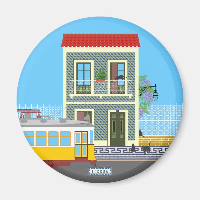 Altes Lissaboner Haus mit Katzen und gelber Straße Magnet (Vorne)