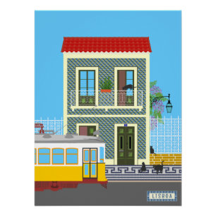 Altes Lissaboner Haus mit Katzen und gelber Straße Poster
