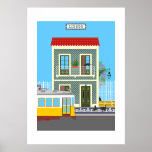 Altes Lissaboner Haus mit Katzen und gelber Straße Poster