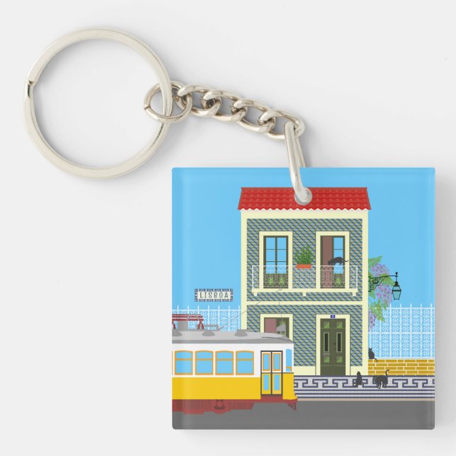 Altes Lissaboner Haus mit Katzen und gelber Straße Schlüsselanhänger (Vorderseite)