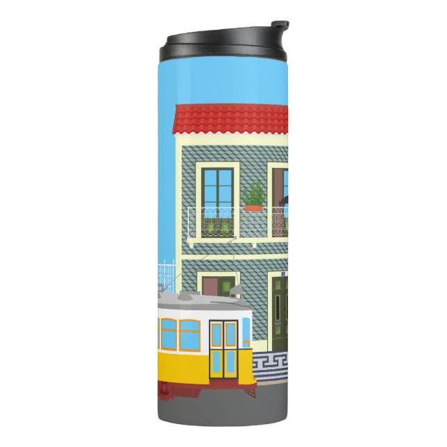 Altes Lissaboner Haus mit Katzen und gelber Straße Thermosbecher (Nach links gedreht)