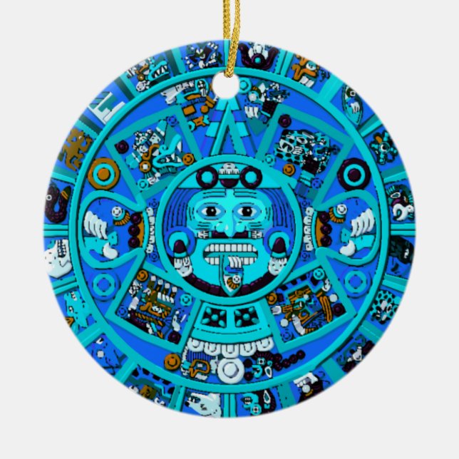 Altes Maya Aztec Symbol in Blau Keramik Ornament (Vorne)
