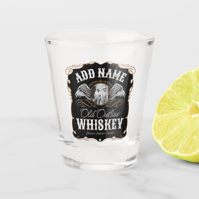 Altes Moonshine Whiskey-Etikett und FOTO Familienn Schnapsglas (Vorderseite)