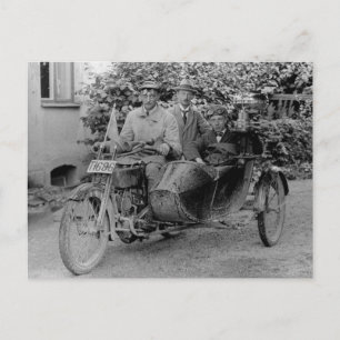 Altes Motorrad mit Beiwagen Vintages B&W Foto Postkarte