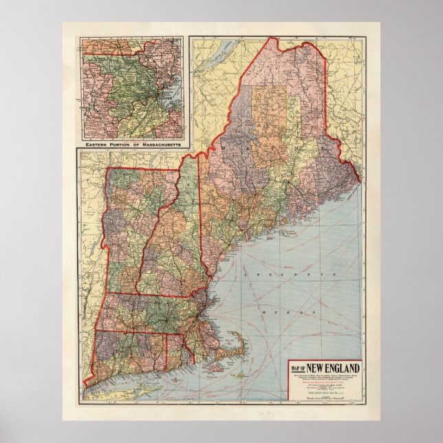Altes Neuengland Staaten Map (1920) Poster (Vorne)