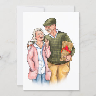 Altes Paar vollfarbige Original Kunst Jubiläum Feiertagskarte