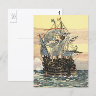 Altes Piratenschiff, Galleone segelt auf dem Ozean Postkarte