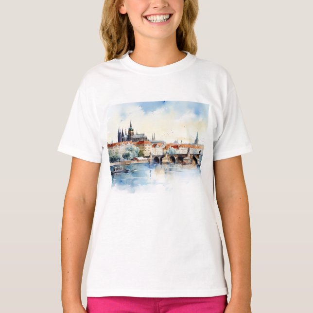 Altes Prag, Karlsbrücke Wasserfarbe T-Shirt (Vorderseite)