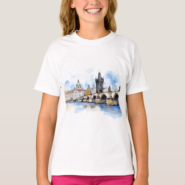 Altes Prag, Karlsbrücke Wasserfarbe T-Shirt (Vorderseite)