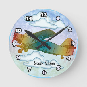 Altes Regenbogenflugzeug Runde Wanduhr