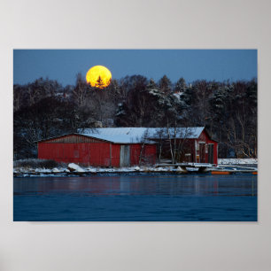 Altes rotes Holzbootshaus mit Vollmondposter Poster