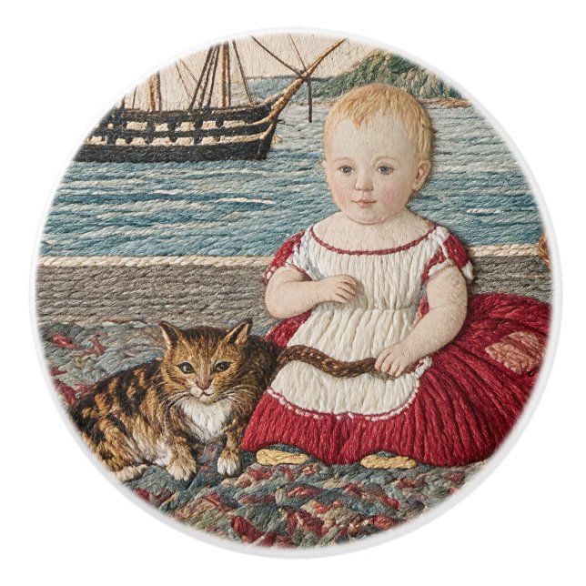 Altes Sampler-Szenen-Kind mit Katze Keramikknauf (Vorderseite)