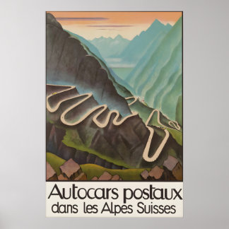 Altes Schweizer Alpen-Reiseposter Autocars Postaux Poster