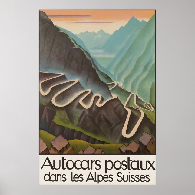 Altes Schweizer Alpen-Reiseposter Autocars Postaux Poster (Vorne)
