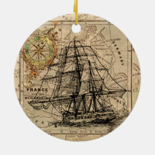 Altes Segelschiff und alte europäische Karte Keramikornament