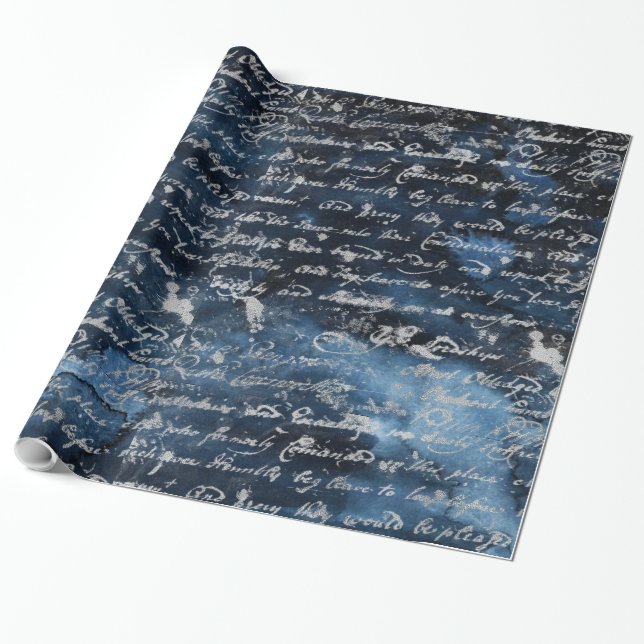 Altes Silber Script Navy Blau Geschenkpapier (Ungerollt)