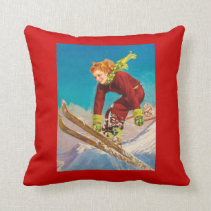 Altes Skiplakat, Dame beim Abfahrtslauf Kissen