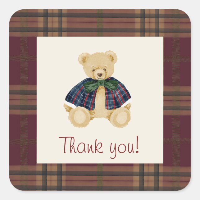 Altes Teddybär Karomuster Danke schön Quadratischer Aufkleber (Vorderseite)