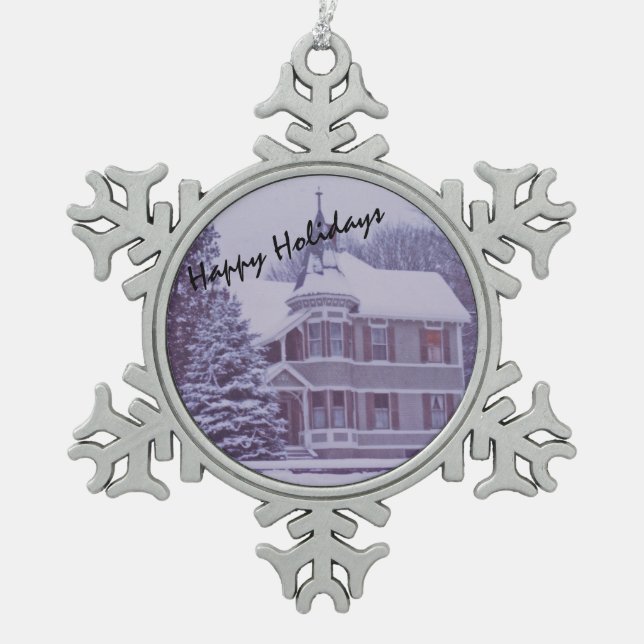Altes Viktorianisches Haus zu Weihnachten Schneeflocken Zinn-Ornament (Vorderseite)