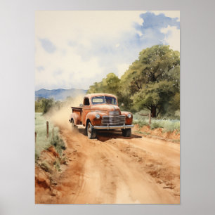 Altes Vintage-Pickup-Truck-Wasserfarbenplakat Poster