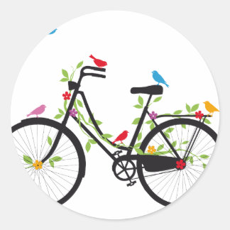 Altes Vintages Fahrrad mit Blume und Vögeln Runder Aufkleber