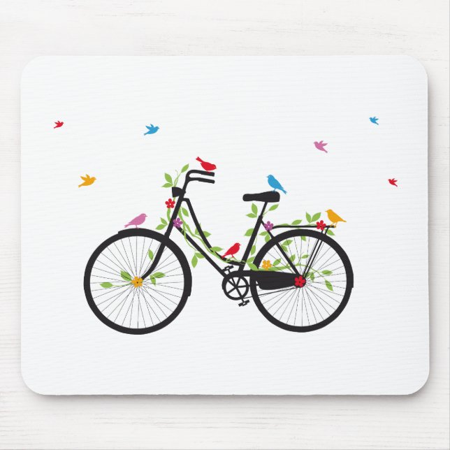 Altes Vintages Fahrrad mit Blumen und Vögeln Mousepad (Vorne)