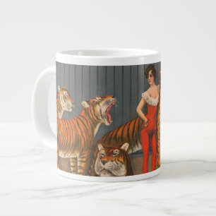 Altes Zirkusplakat einer Frau mit sechs Tigern. Jumbo-Tasse