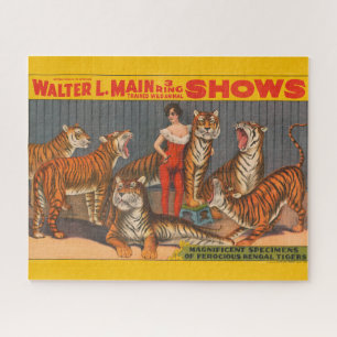 Altes Zirkusplakat einer Frau mit sechs Tigern. Puzzle