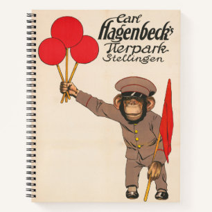 Altes Zirkusplakat eines Affen, der Luftballons hä Notizbuch