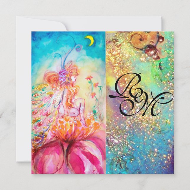 ALTHEA, monogramm pinkfarbengelb-grüne Glitzern Einladung (Vorderseite)