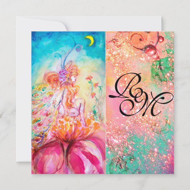 ALTHEA, monogramm pinkfarbengelb-grüne Glitzern Einladung (Vorderseite)