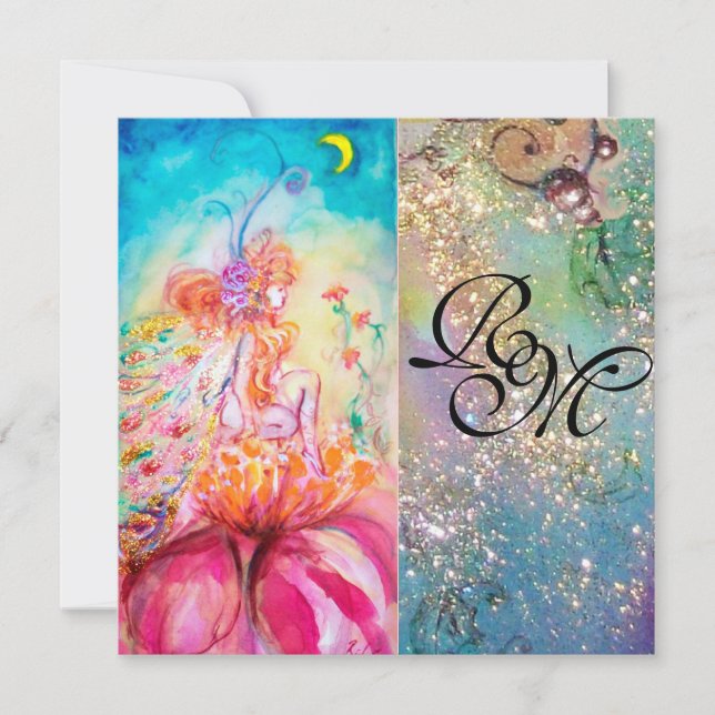 ALTHEA, monogramm pinkfarbengelb-grüne Glitzern Einladung (Vorderseite)