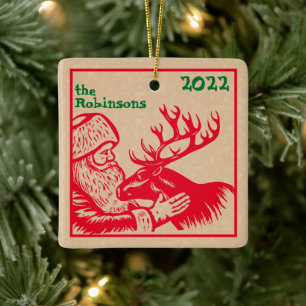 Althergebrachter Holzschneider-Santa-Claus und Ren Keramikornament