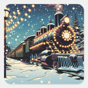 Althergebrachter Vintage-Zug in einer Weihnachtsna Quadratischer Aufkleber