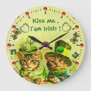 ALTMODISCH ST.PATRICK'S KATZEN Küss mich, ich bin  Große Wanduhr